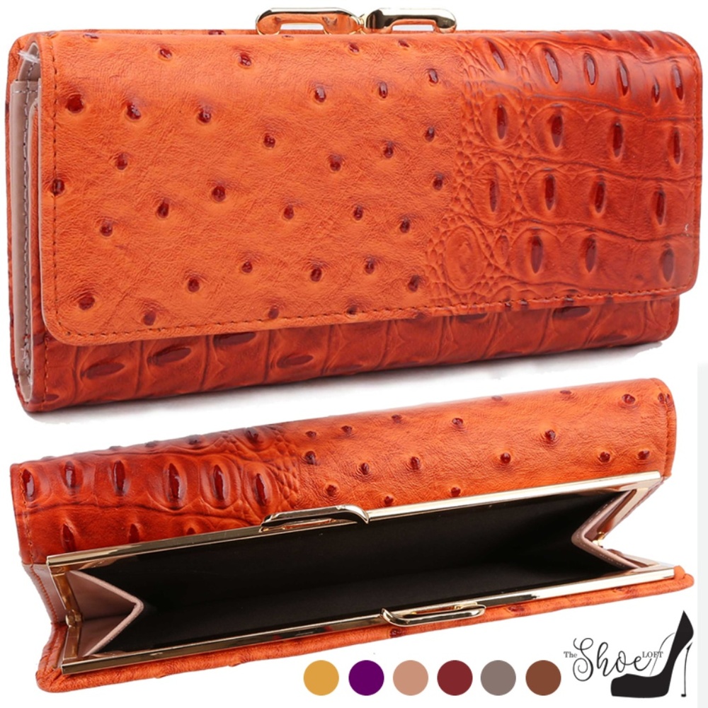 Ostrich & Alligator Tri-Fold Wallet with Kiss Lock